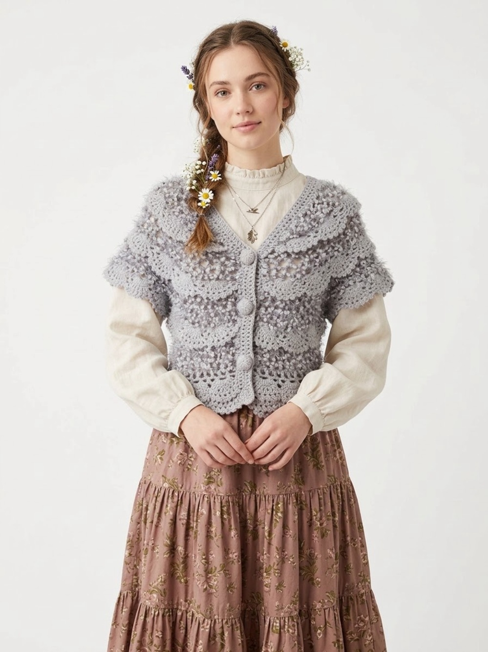 Fairycore Coquette Crochet Ruffle Cardigan Feminine Fuzzy Open Knit Romantic Y2K